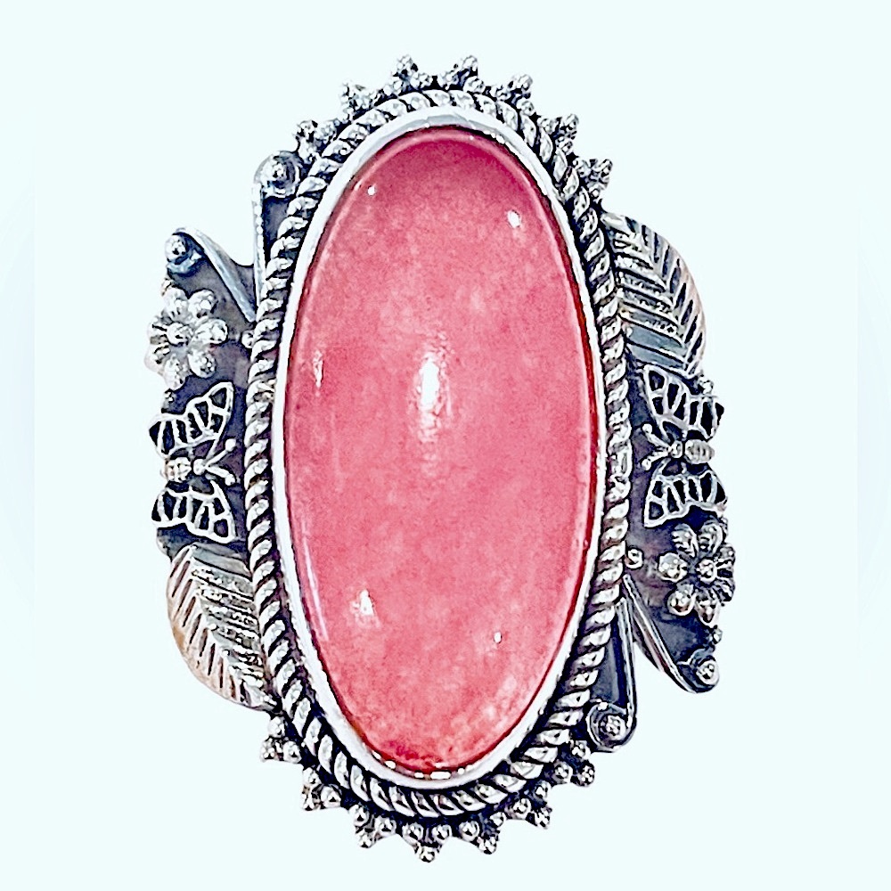 Pink Jade Butterfly 🦋 Floral Solid Sterling Ring
